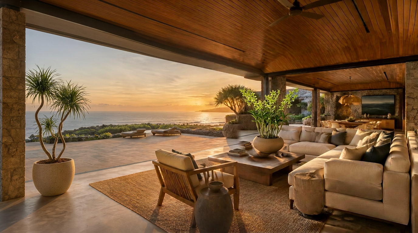 Green Dendrobium orchids in a Kohala Coast living room overlooking the ocean
